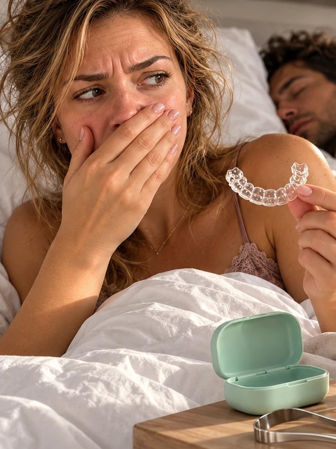 A woman in bed holding her clear retainer, her partner asleep beside her
