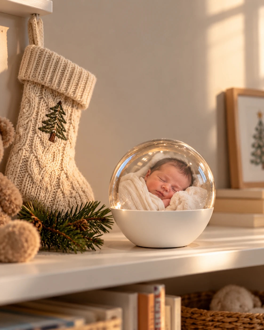 Heirloom Orb on a nursery shelf showing a sleeping newborn