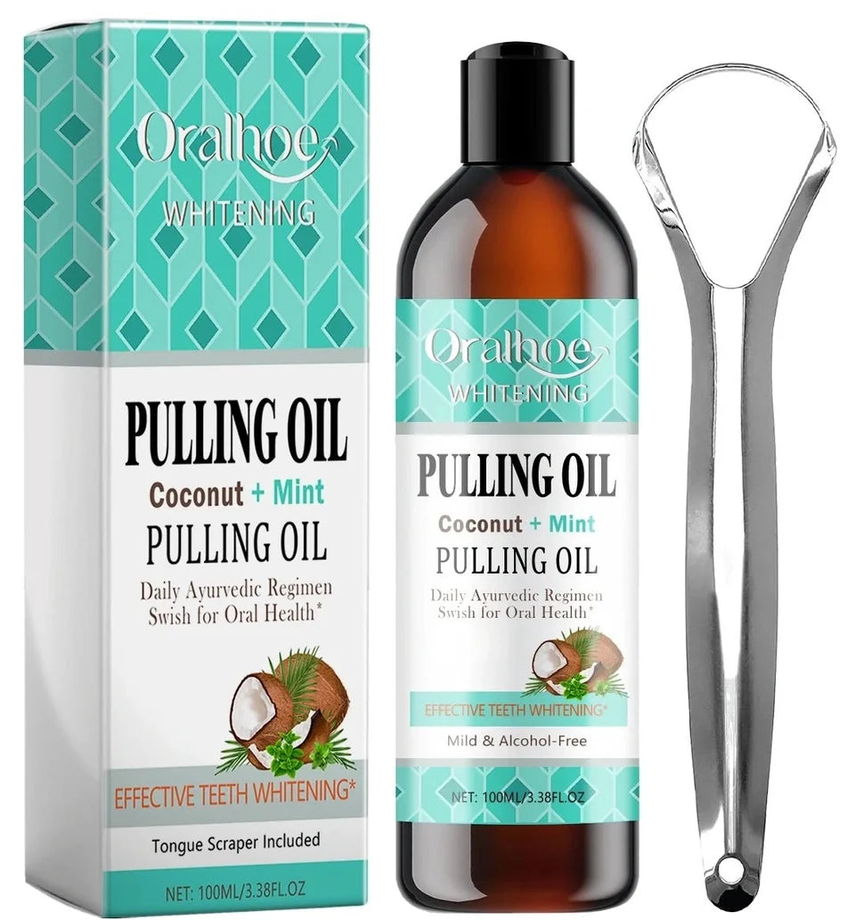 Coconut Mint Pulling Rinse with its box and tongue scraper