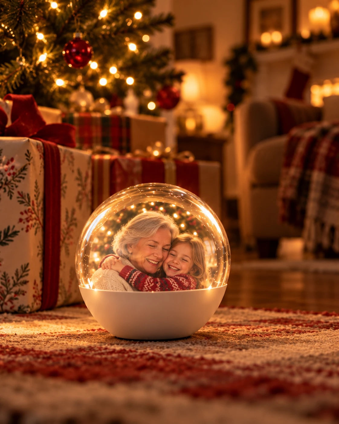 Heirloom Orb by the tree showing a grandmother hugging her granddaughter