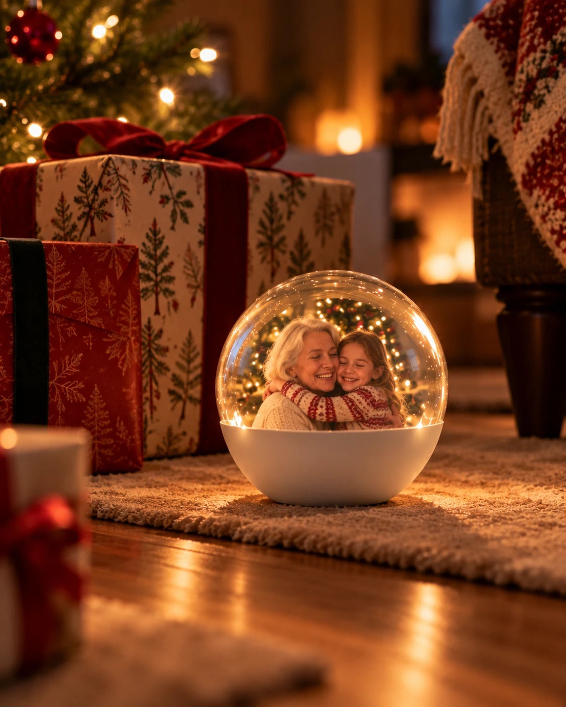 Heirloom Orb beside wrapped gifts showing a grandmother and granddaughter