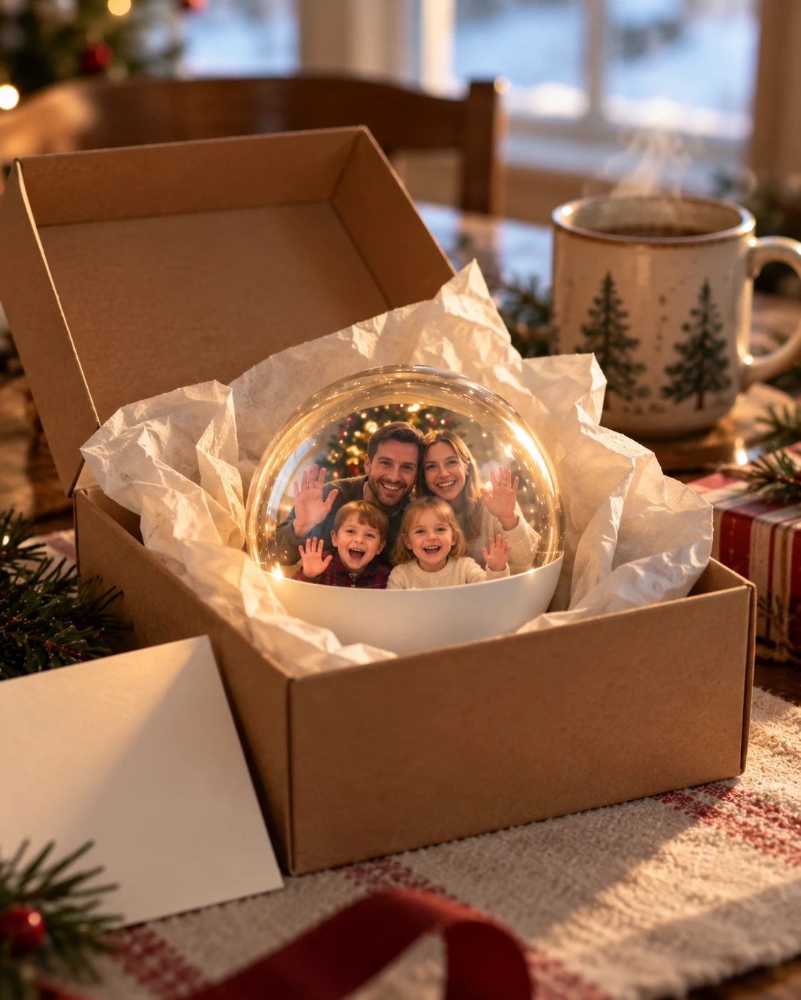 Heirloom Orb in a gift box showing a family waving