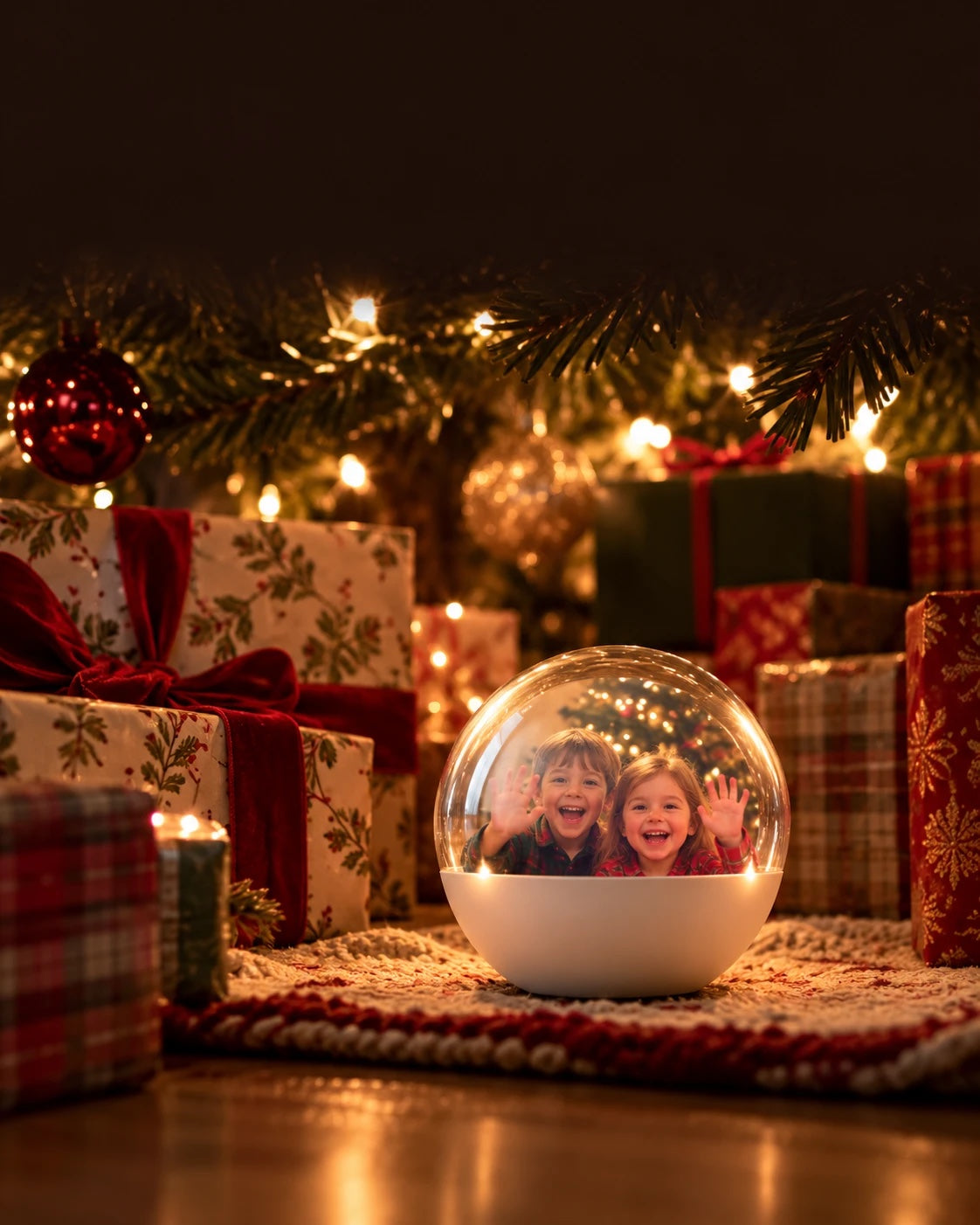 Heirloom Orb under the Christmas tree showing two kids waving