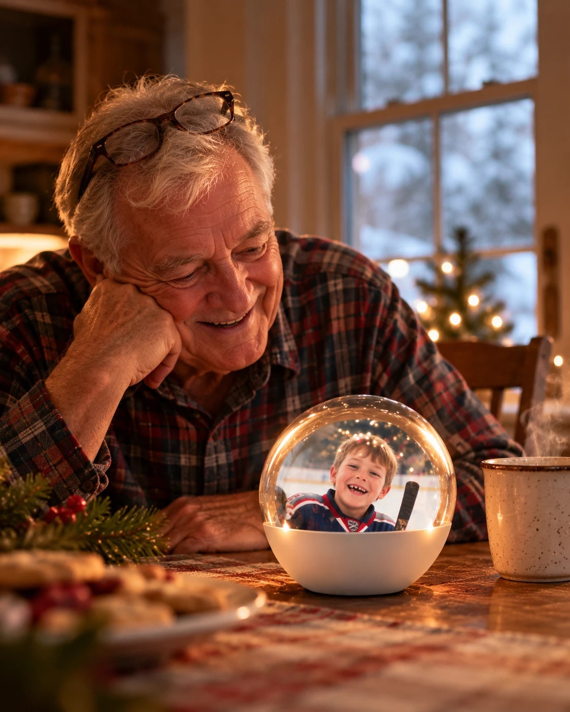 Grandfather smiling at the Heirloom Orb showing his grandson at hockey
