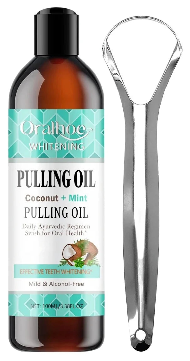 Coconut Mint Pulling Rinse bottle next to its tongue scraper