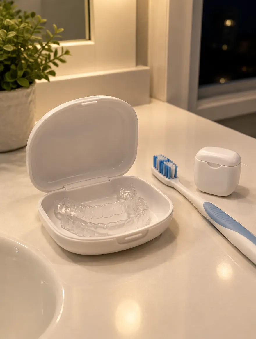 Clear retainers in an open case beside a toothbrush and floss at night