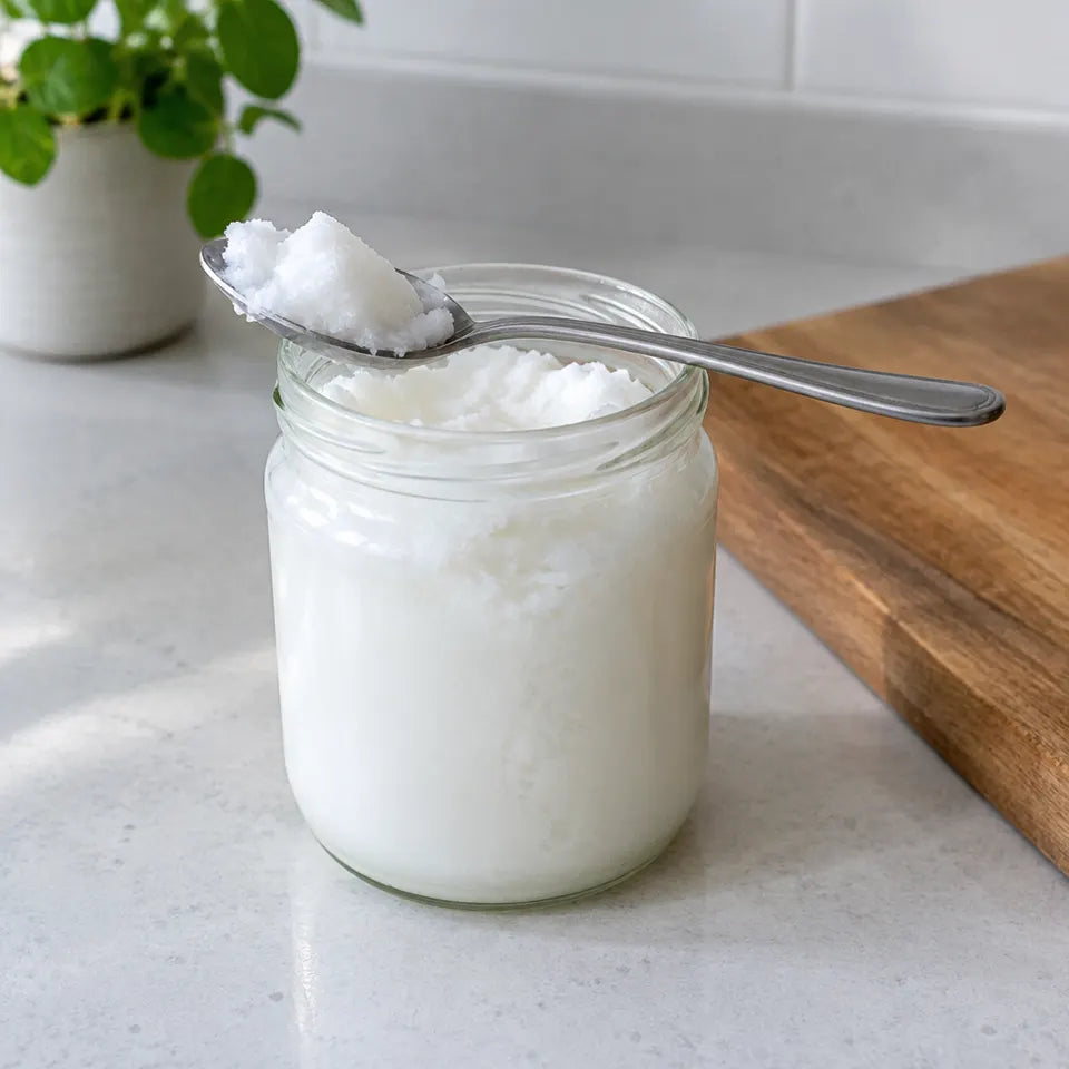 A glass jar of coconut oil with a spoon on a kitchen counter